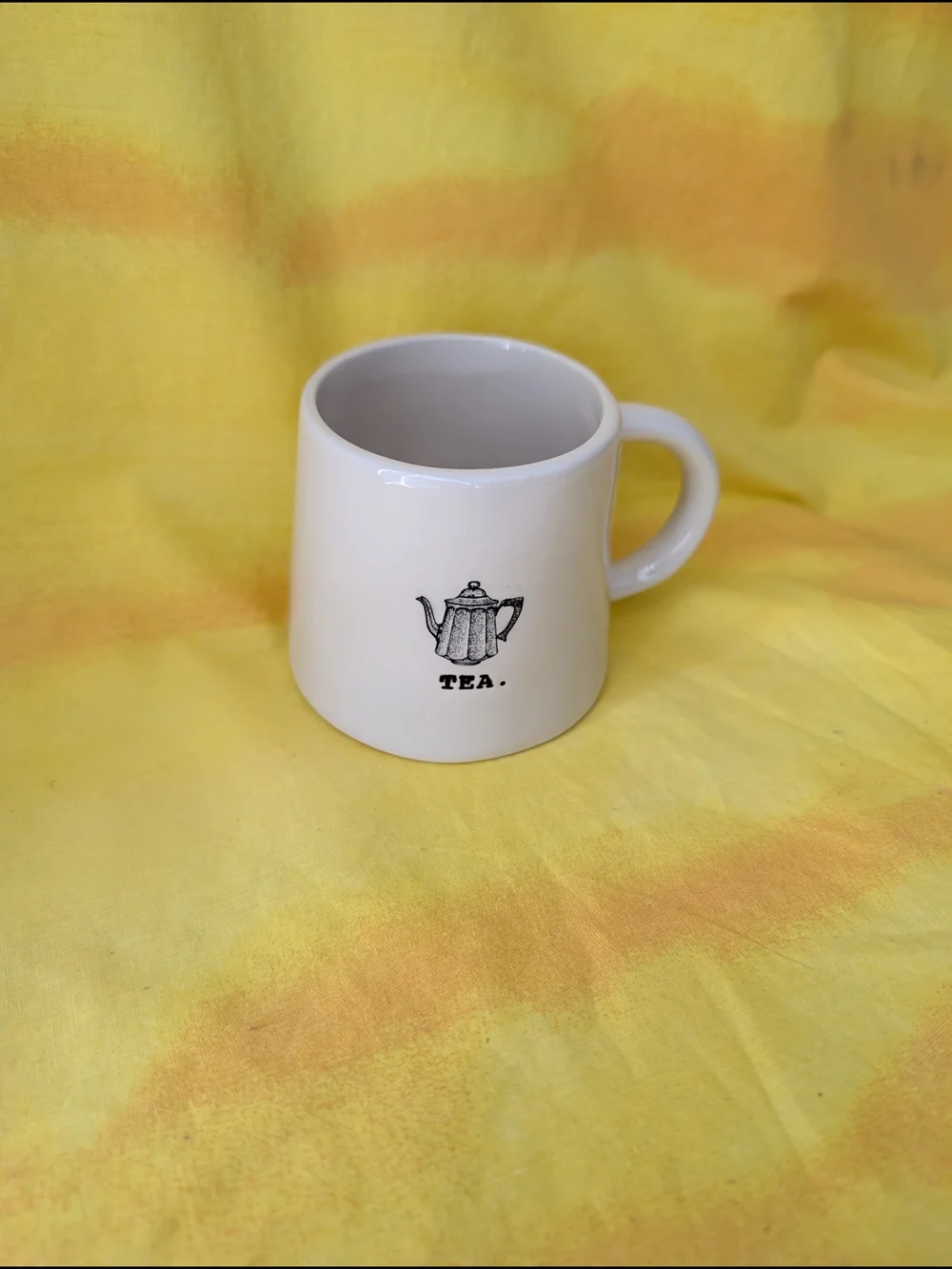 Rae Dunn Cream Ceramic Tea Mug with Teapot Graphic